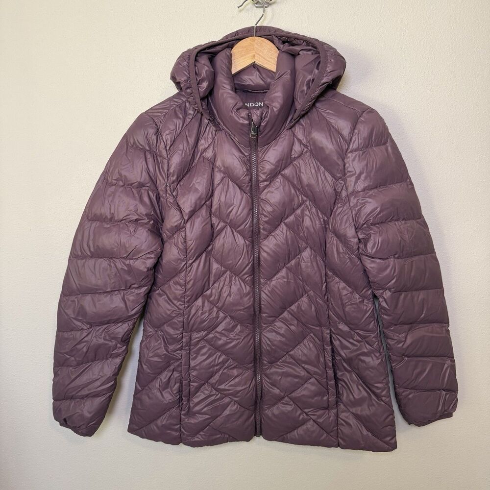 London Fog Puffer Jacket Purple Full Zip Hooded Packable Down Coat Womens M